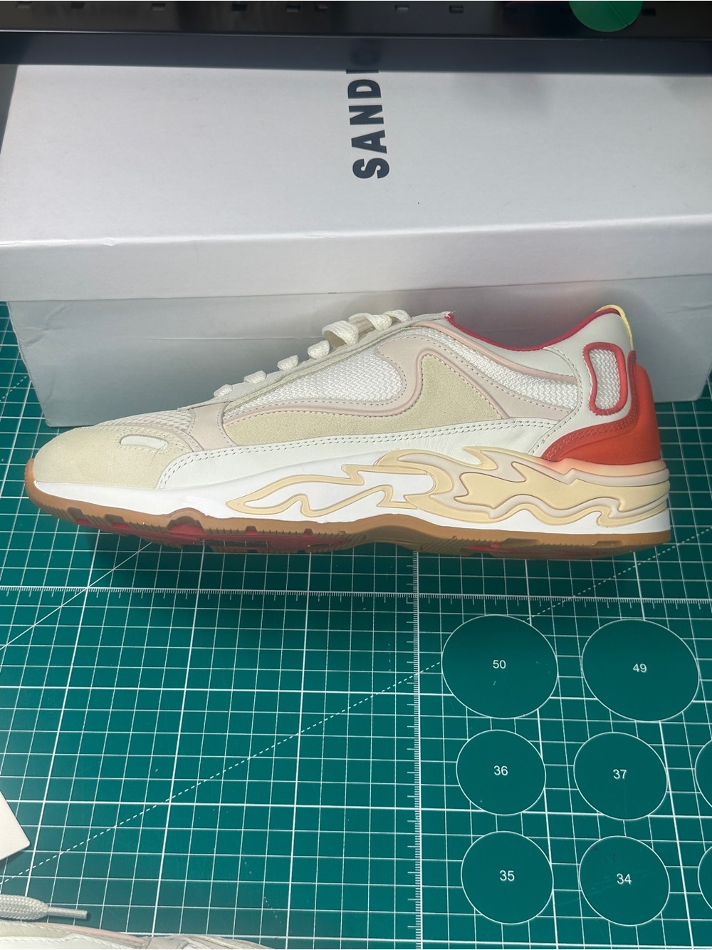Sandro Flame White Sneakers with Red Lining and Yellow Pull Tab - Picture 5 of 15